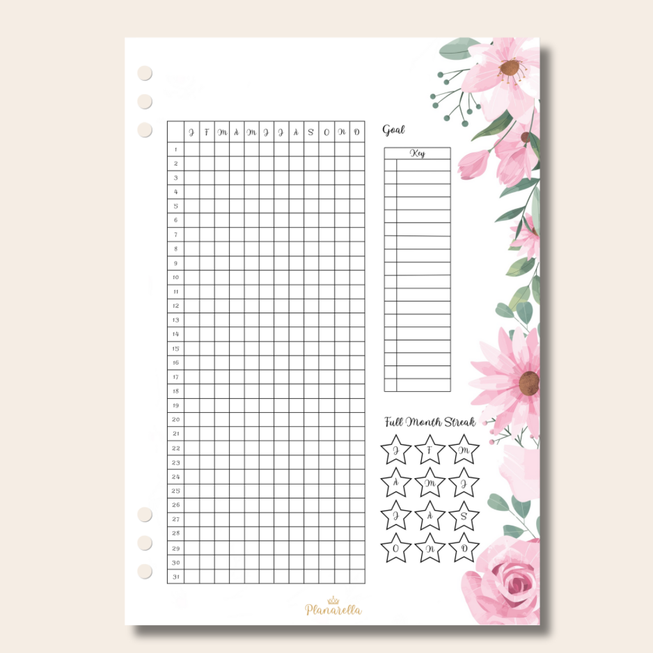 Blank Yearly Grid Tracker - Garden Roses - Single Page