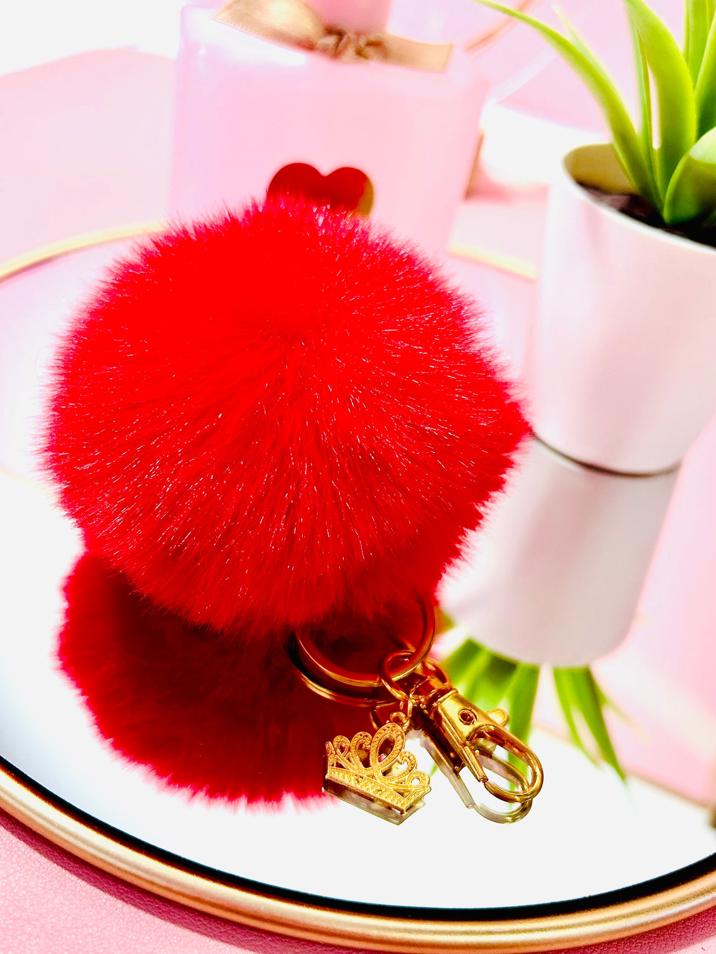 Faux Fur PomPom Key Ring - Ruby Red