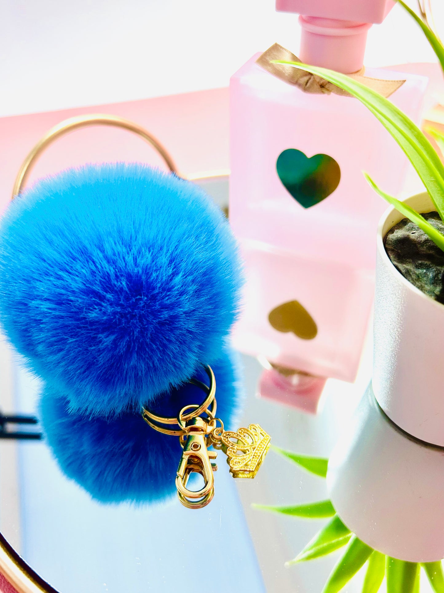Faux Fur PomPom Key Ring - Royal Blue