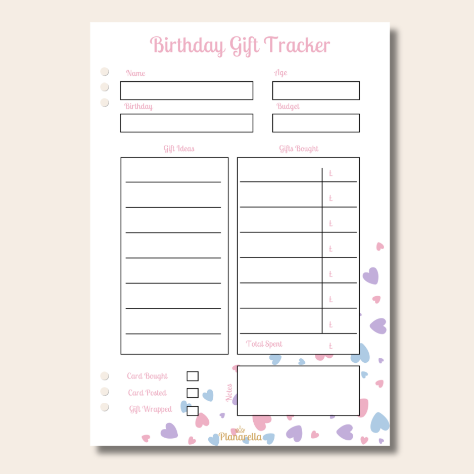 Birthday Gift Tracker - Pastel Passion - Set of 20 Page Inserts