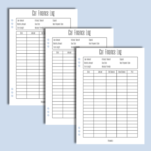 Car Finance Log - Set of 3 page Inserts