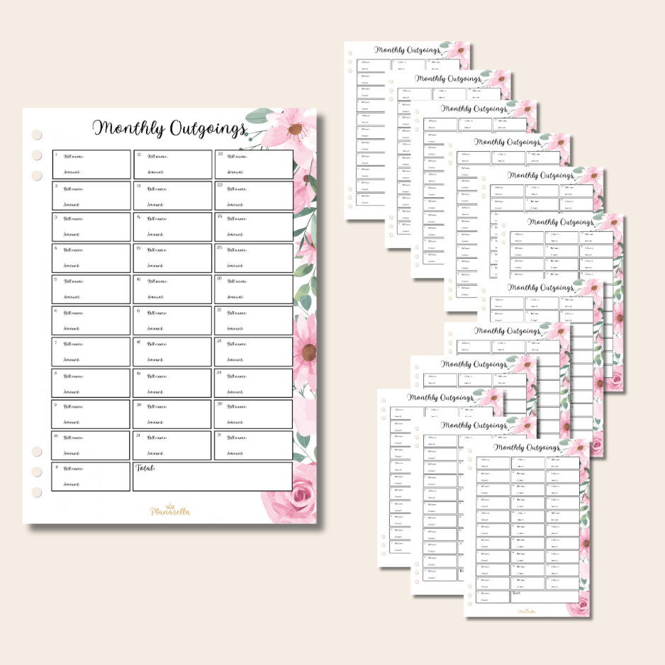 Monthly Outgoings - Garden Roses - Set of 12 Page Inserts