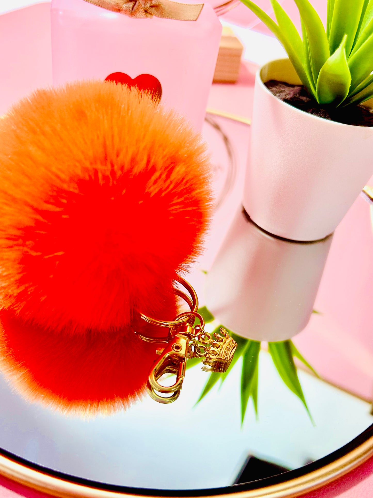 Faux Fur PomPom Key Ring- Potion Orange