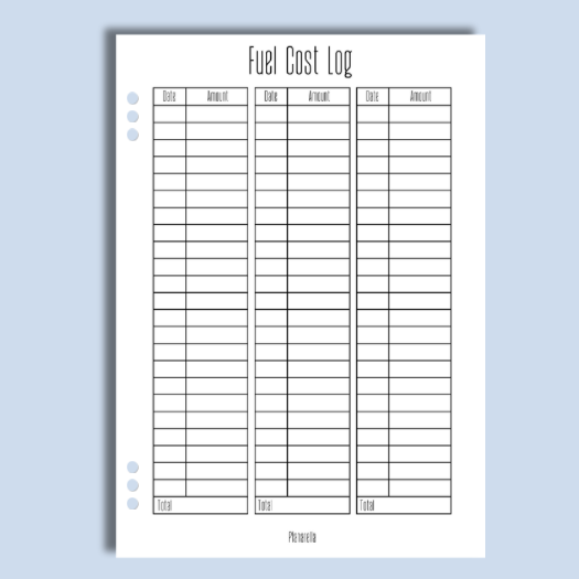 Fuel Cost Log- Set of 20 Page Inserts