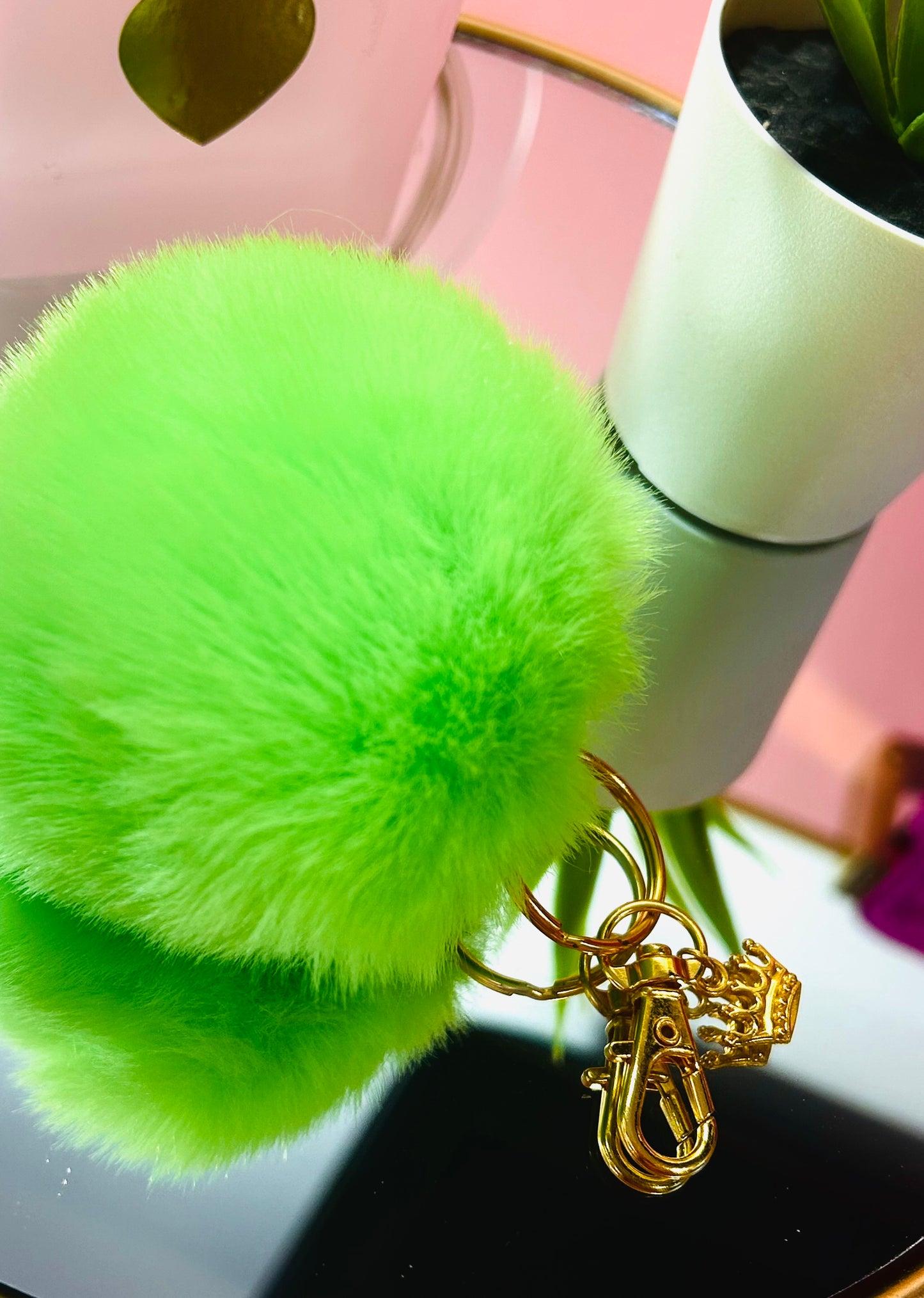 Faux Fur PomPom Key Ring - Potion Green
