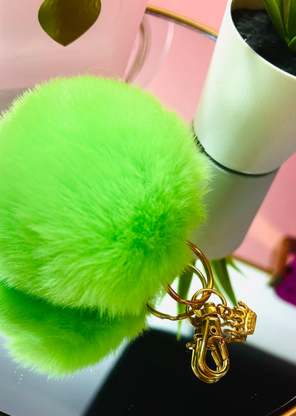 Faux Fur PomPom Key Ring - Potion Green