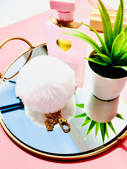 Faux Fur PomPom Key Ring - Ice Queen