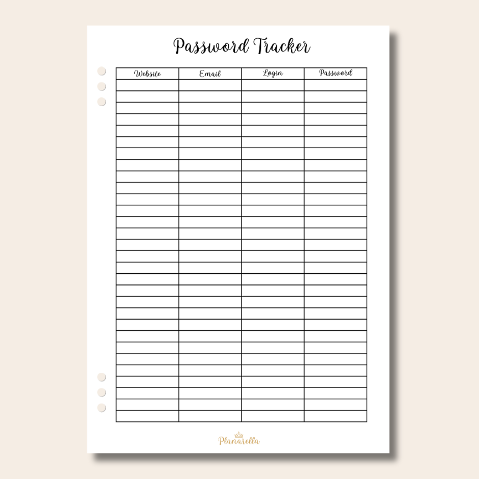 Password Tracker Insert - Single Page