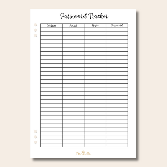 Password Tracker Insert - Single Page