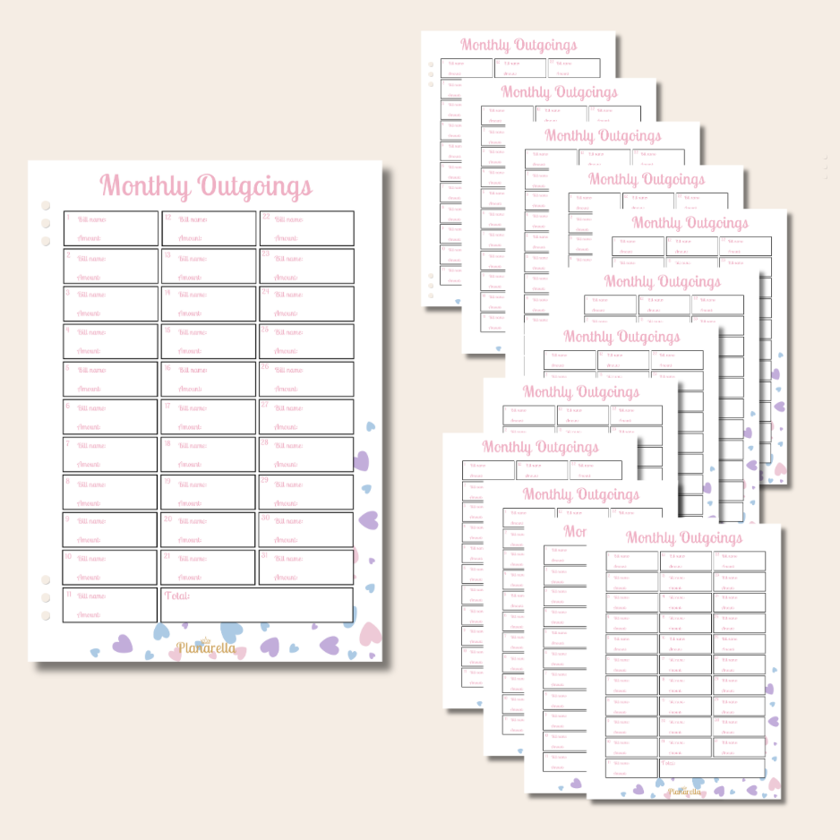 Monthly Outgoings - Pastel Passion - Set of 12 Page Inserts