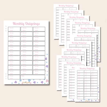 Monthly Outgoings - Pastel Passion - Set of 12 Page Inserts