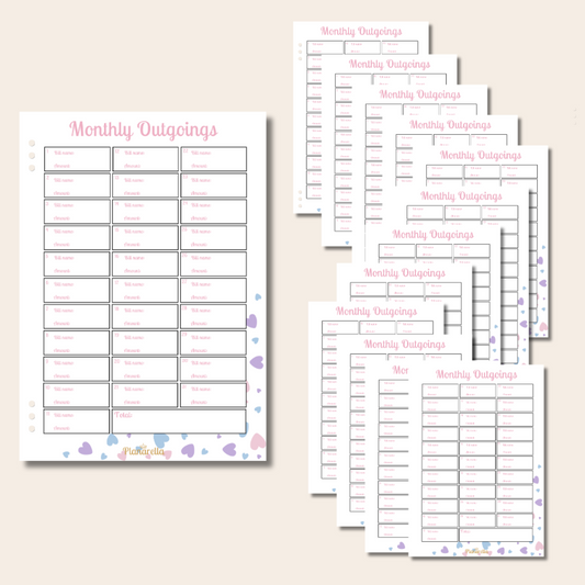 Monthly Outgoings - Pastel Passion - Set of 12 Page Inserts