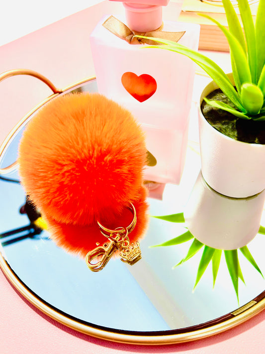 Faux Fur PomPom Key Ring- Potion Orange