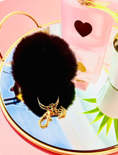 Faux Fur PomPom Key Ring - Black Magic