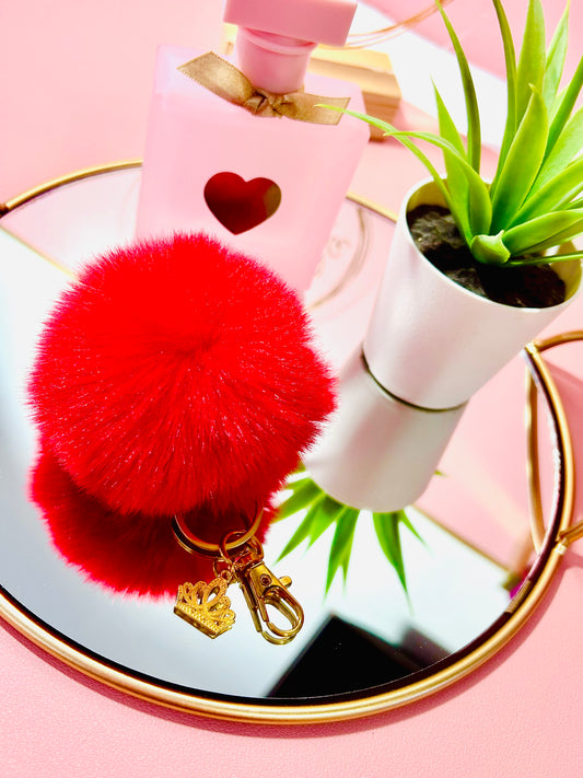 Faux Fur PomPom Key Ring - Ruby Red